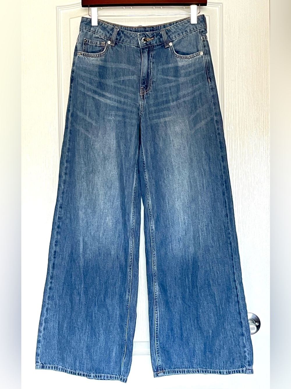 H&M Divided High Rise Wide Leg Baggy Jeans Medium Wash  26 4D Skater Y2K Style